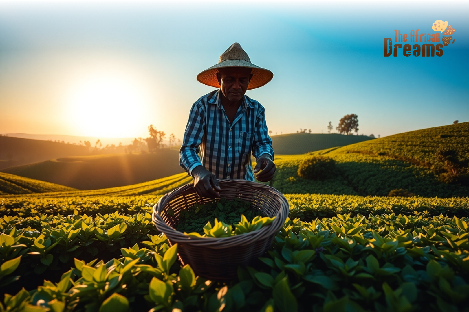 farmer is collecting tea leafs Worker harvesting tea leaves under a clear blue sky in a farm in Kenya.