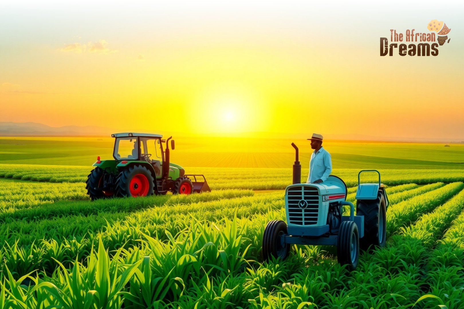 farmland A tractor working on a lush green farm field in Nigeria at sunrise, with a farmer observing the crops