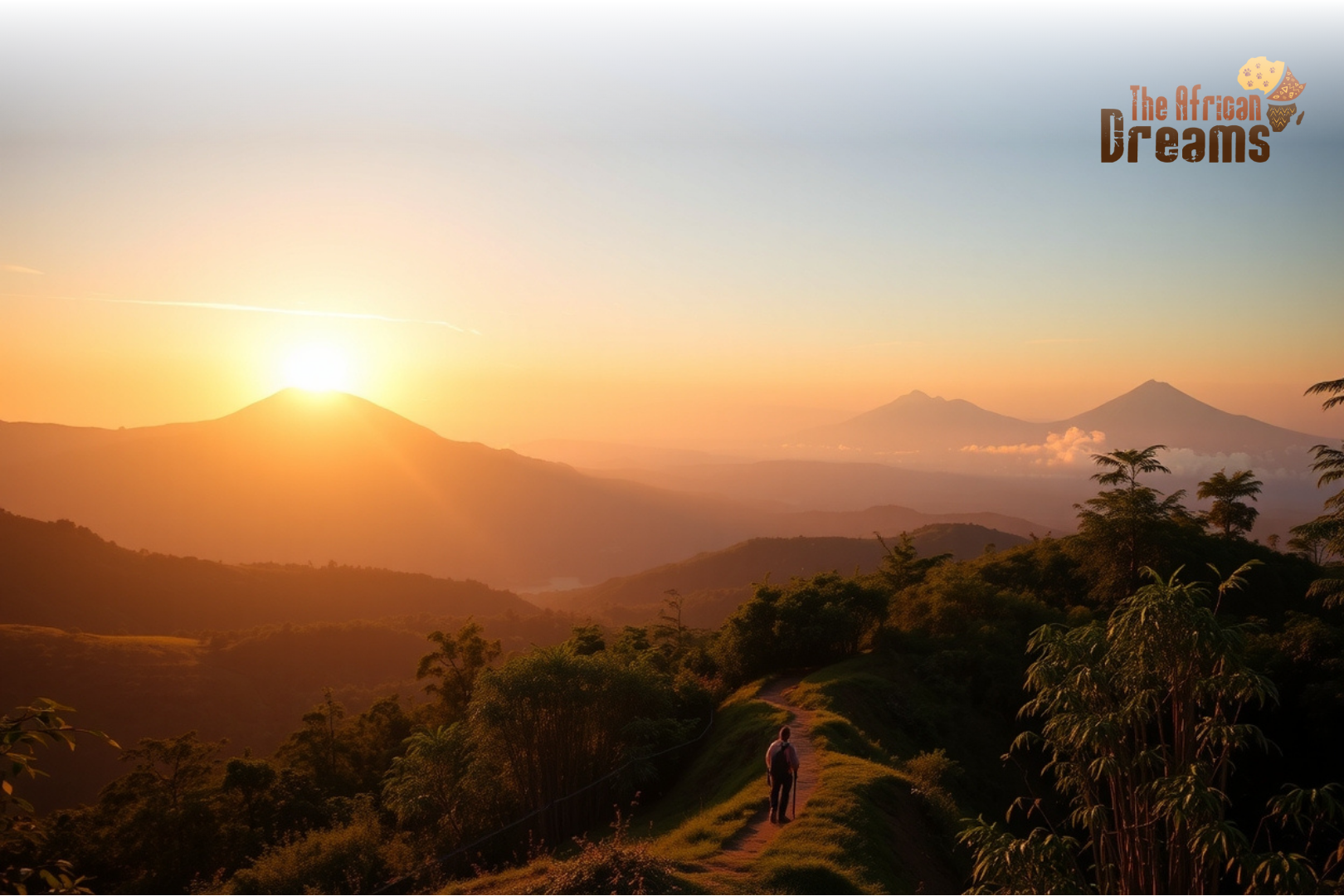hiking Virunga Volcanoes Sunrise over Rwanda’s Virunga Volcanoes with misty green slopes, hikers on a narrow trail, and a distant mountain gorilla family near the forest edge