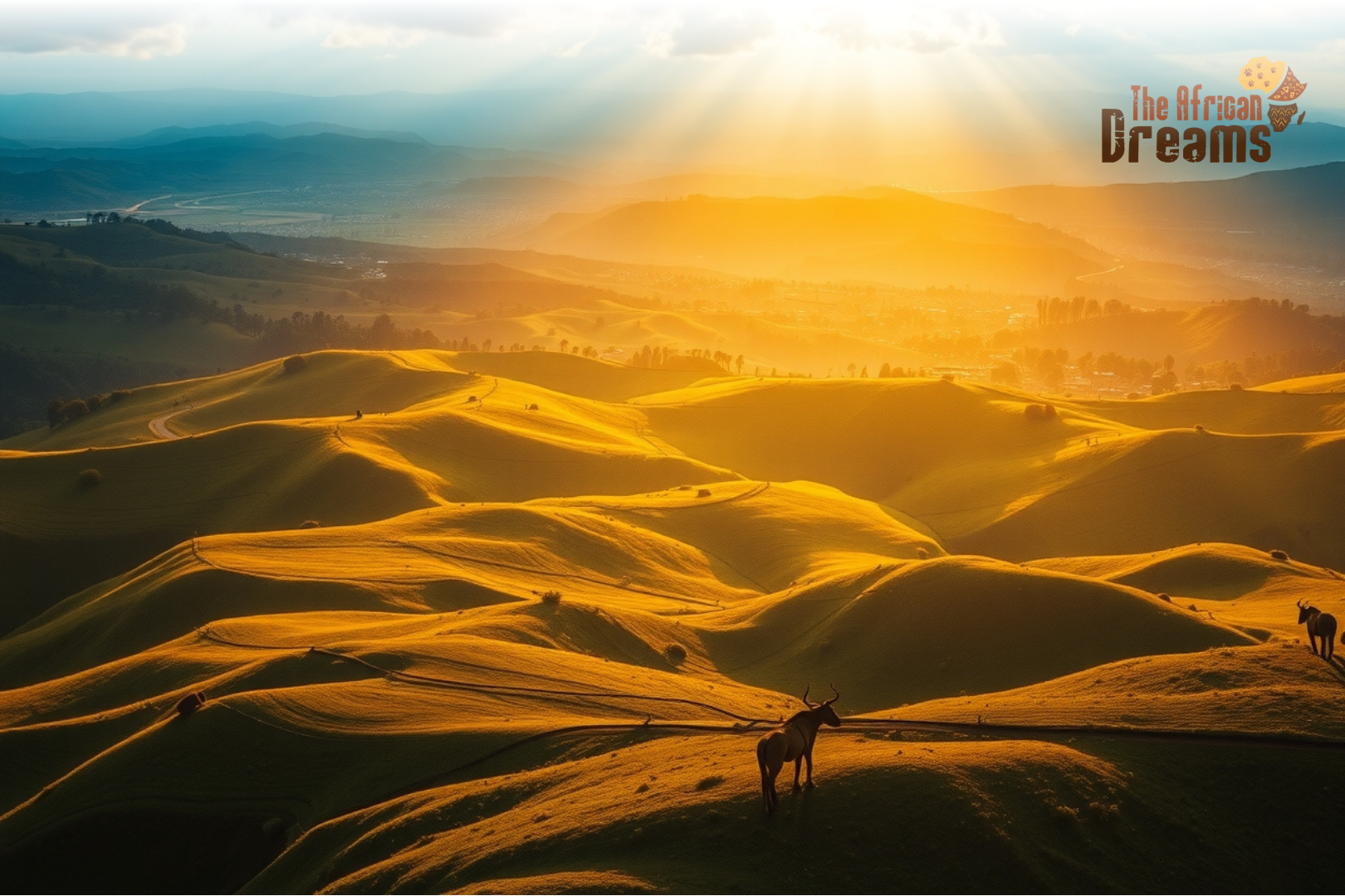 Golden sunset over Rwanda’s rolling green hills with scattered villages and wildlife silhouettes, highlighting the country’s tourism and investment potential