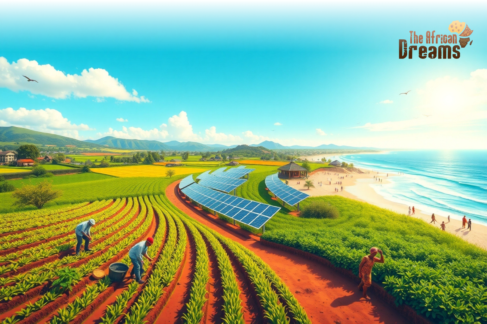 Panoramic view of Togo showing green farmland with farmers, solar panels under bright sunlight, and a tropical beach with tourists, symbolizing agriculture, renewable energy, and tourism opportunities