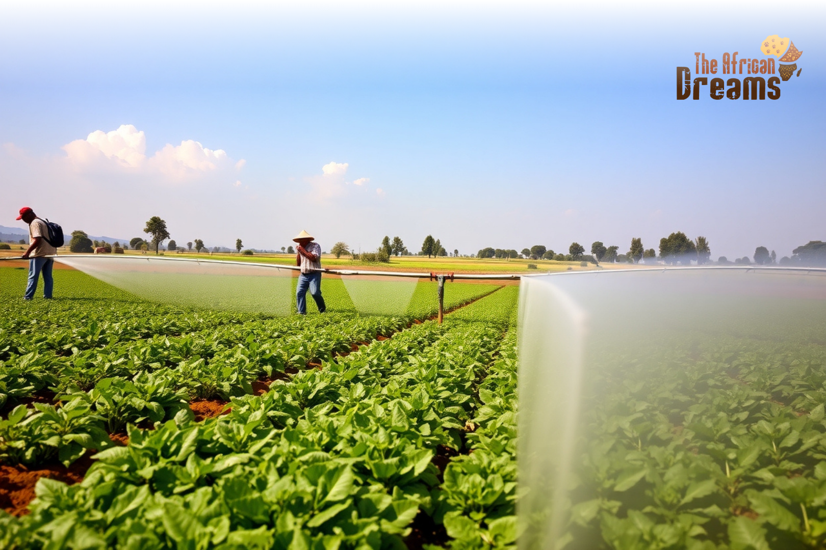 irrigation systems in land Farmland with irrigation sprinklers in operation
