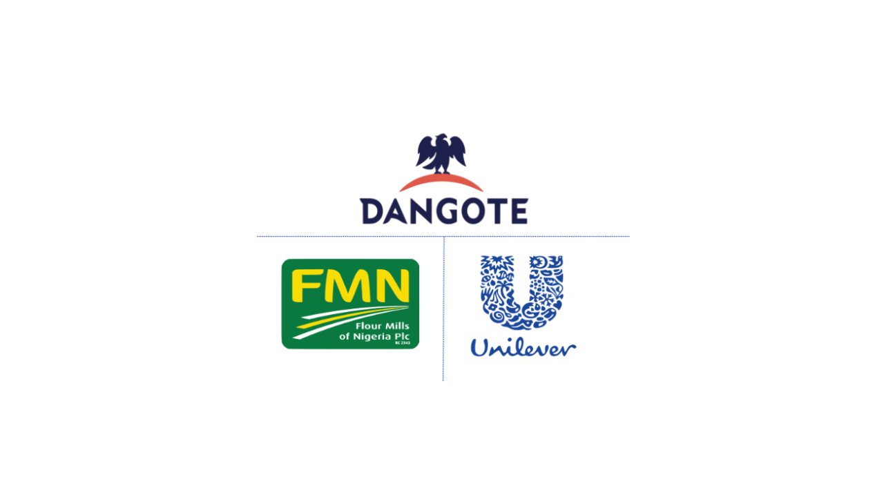 logos of dangote Logos of Dangote Cement, Flour Mills of Nigeria PLC, and Unilever Nigeria PLC.
