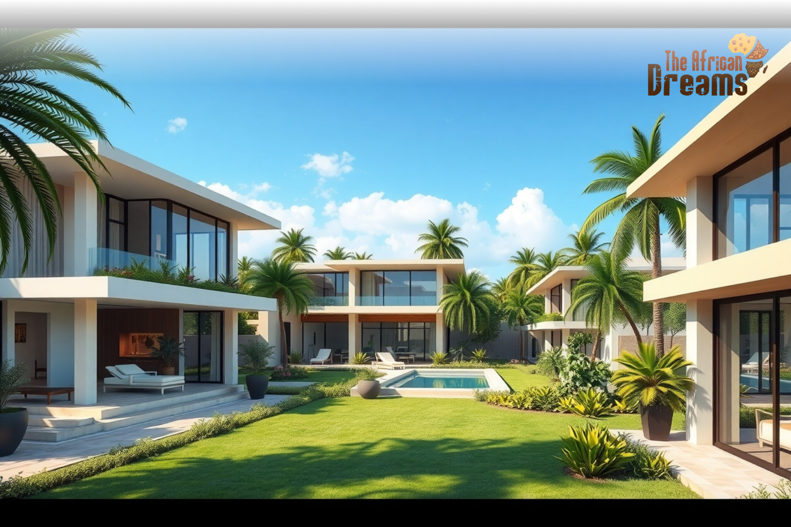 Luxury real estate in Kenya featuring modern villas with glass facades, lush gardens, and a bright sky, symbolizing upscale urban and coastal living