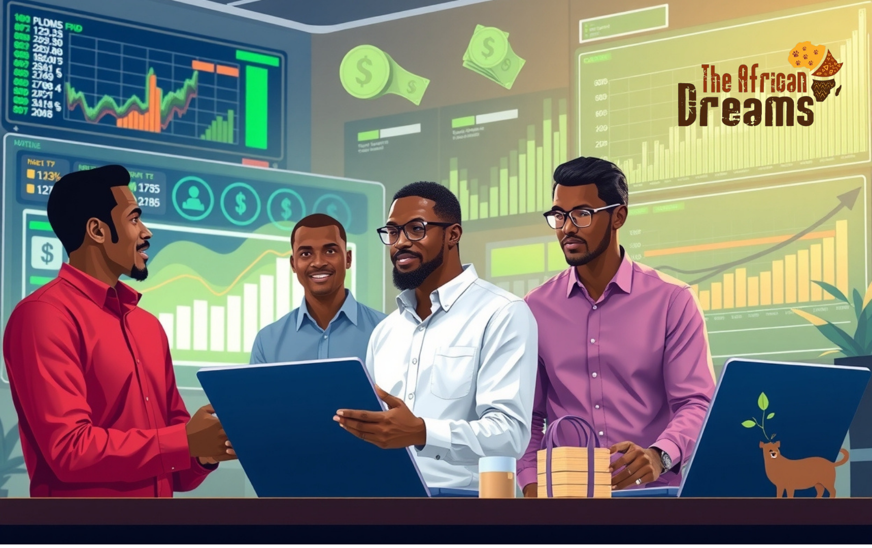 mutual fund Diverse Nigerian investors reviewing mutual fund charts with digital graphs and stock market data in the background, symbolizing equity, bonds, and money market investments.