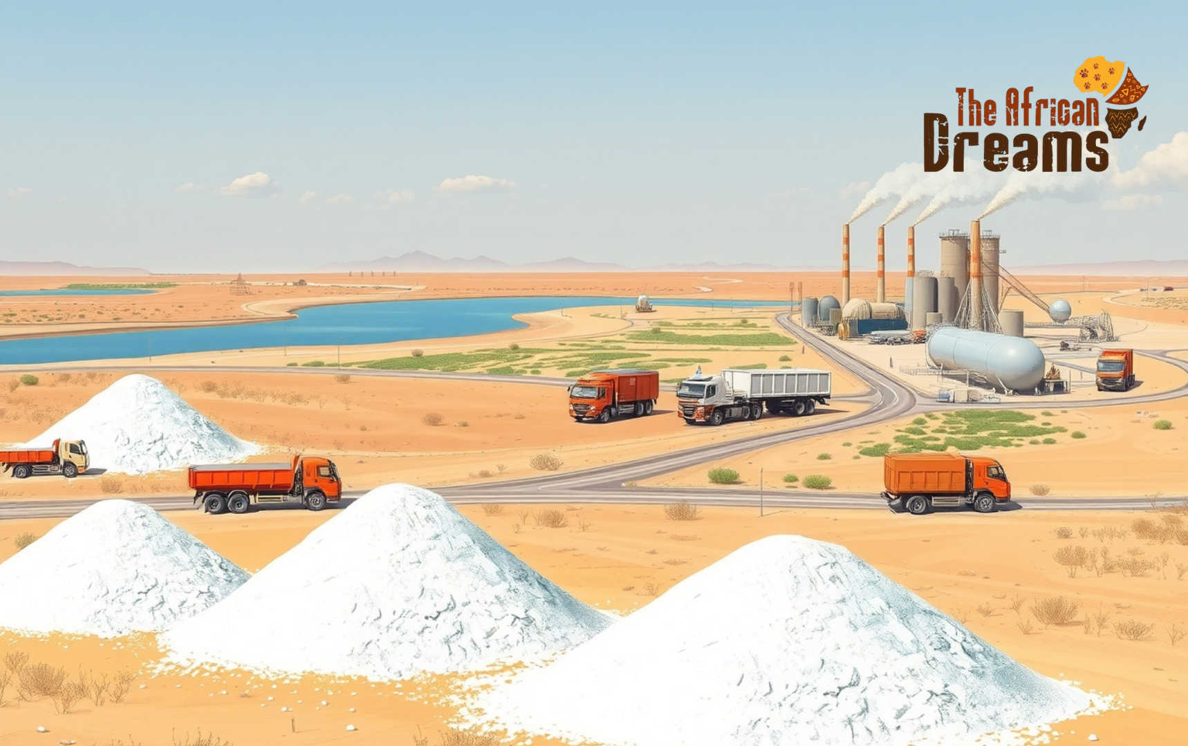 natron Natron processing site in Chad showing white mineral deposits, trucks transporting materials