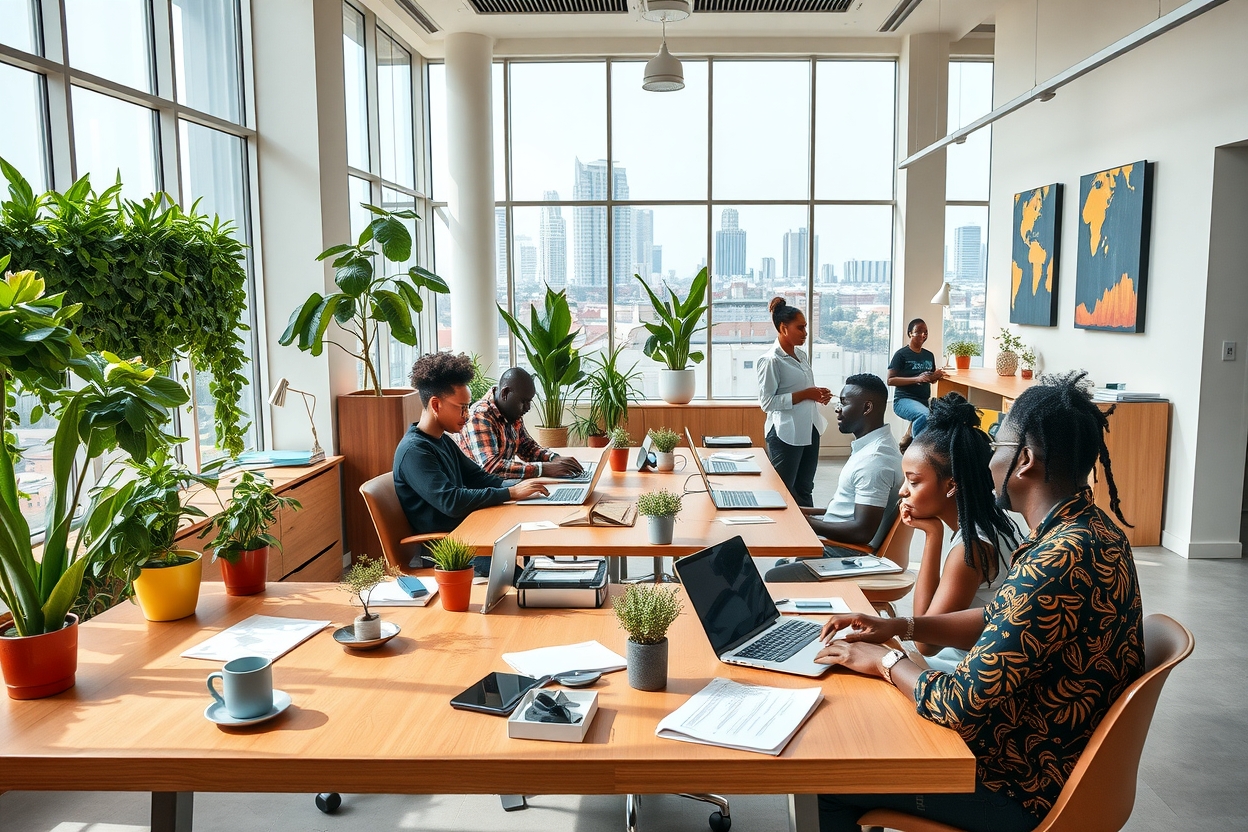  Modern open-concept office space in Lagos city with natural light and greenery