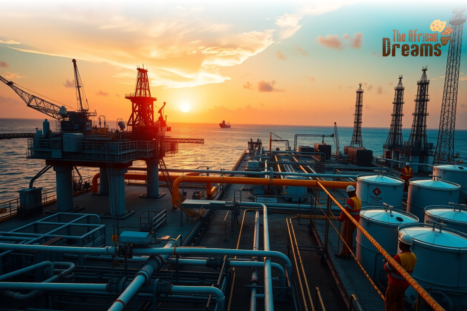 oil sector Offshore oil rig and onshore refinery in Equatorial Guinea with workers inspecting equipment at sunset, representing investment and growth in the oil sector.