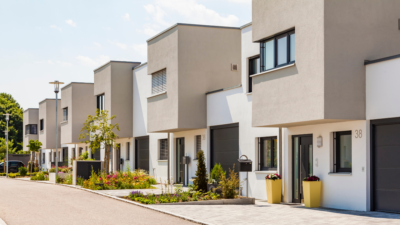 row of building Row of modern townhouses in a gated residential community in Abuja.
