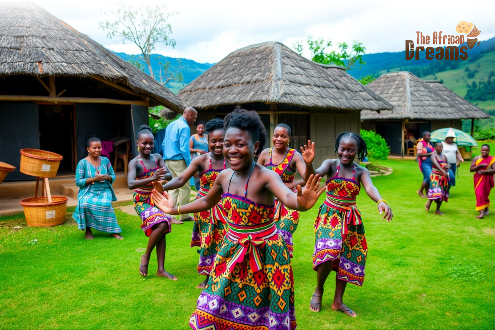 Rwandan dancers performing Intore at Iby’Iwacu Cultural Village with traditional huts and lush green hills.