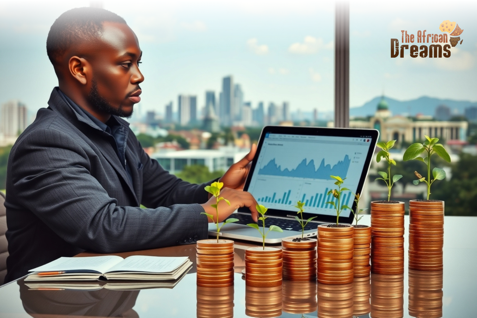 showing a person analyzing financial charts on a tablet or laptop, stacks of coins and growing plants symbolizing wealth growth,