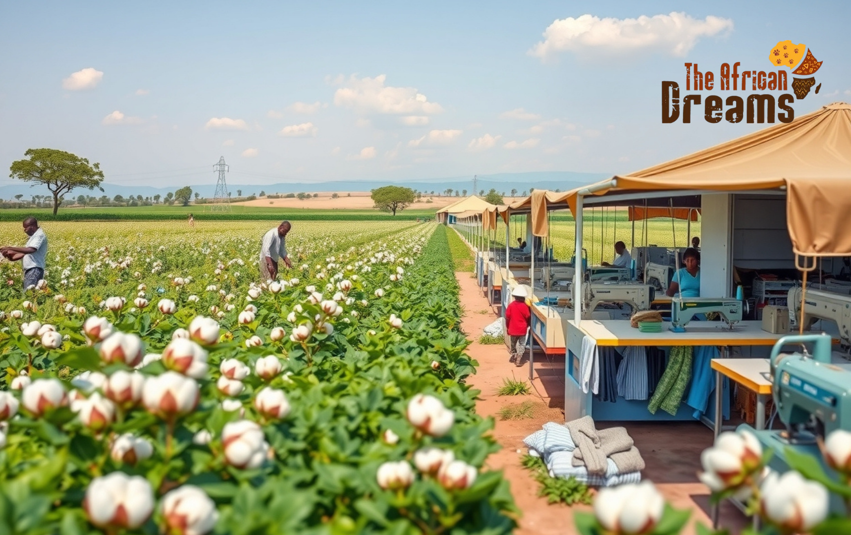 textile Chadian cotton farmers harvesting in lush fields with a small textile factory nearby, workers processing fabrics, and trucks ready for export, symbolizing investment opportunities in Chad’s textile industry