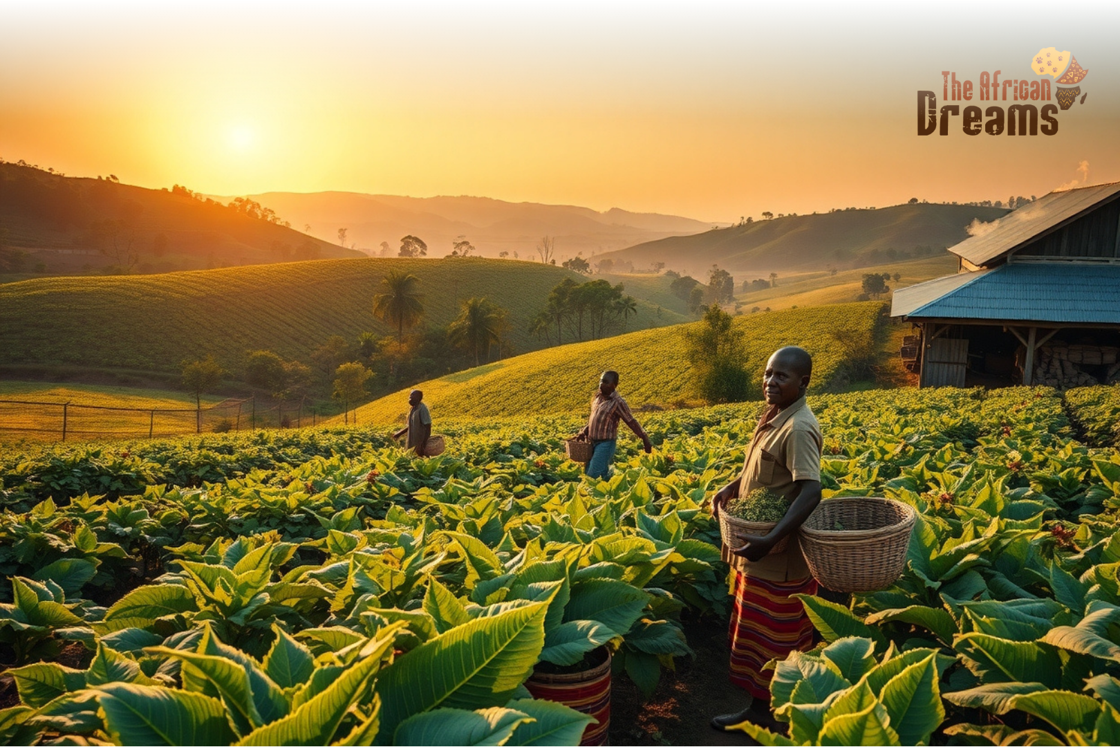 tobacco (2) Scenic view of tobacco farms in Zimbabwe with farmers harvesting green leaves, baskets full of tobacco, and a curing barn in the background under a warm sunrise sky.