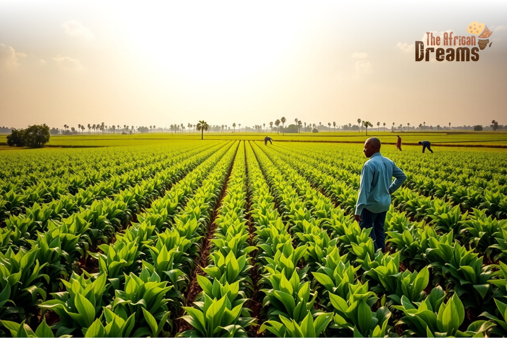 togo’s agri farm A farmer walking through lush green farmland in Togo, with rows of crops and distant palm trees under a bright sky, symbolizing agricultural growth and opportunity