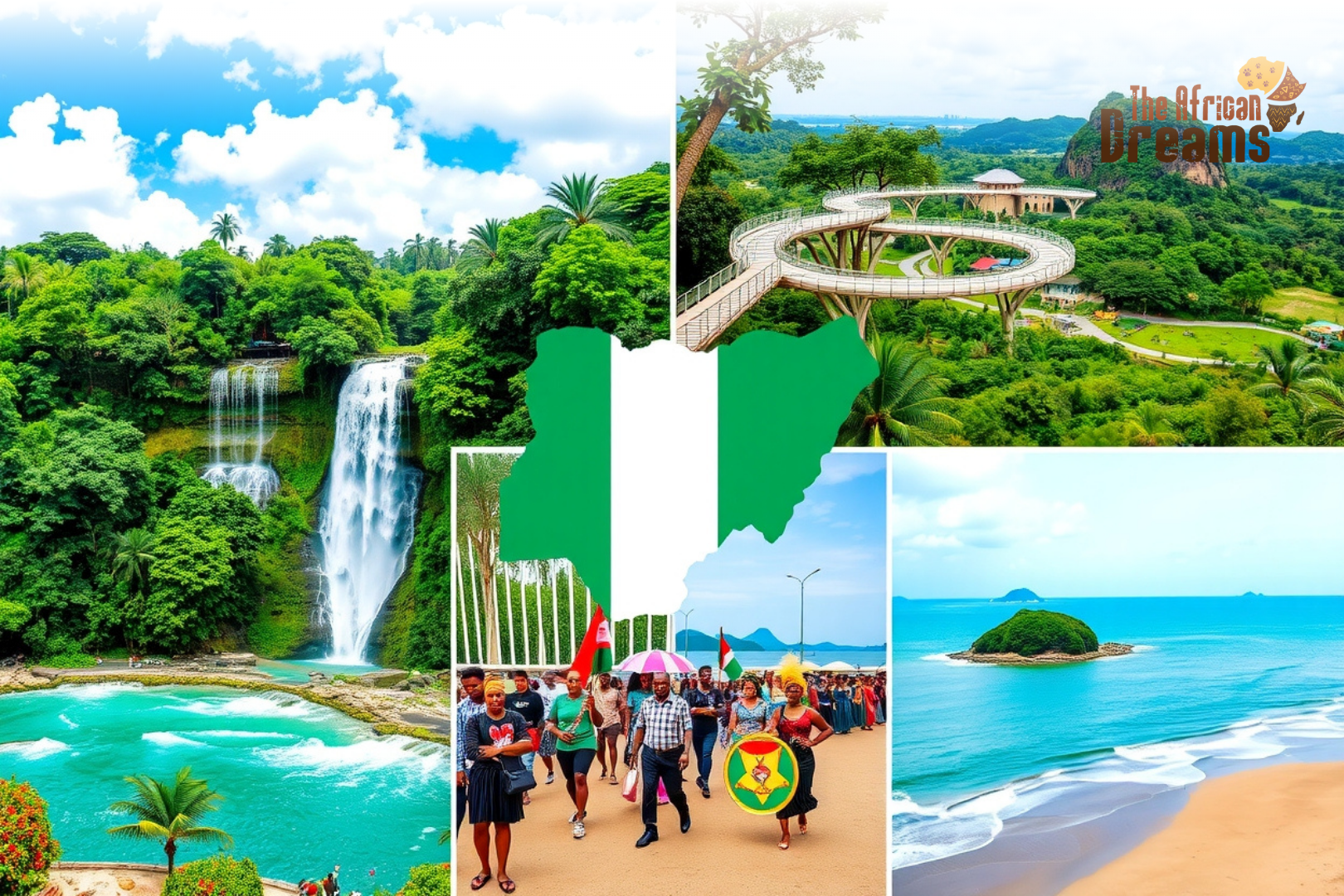 Collage of Nigeria’s top attractions including Erin Ijesha Waterfalls, Lekki Conservation Centre canopy walkway, Aso Rock in Abuja, colorful Calabar Carnival parade, and Ibeno Beach coastline.