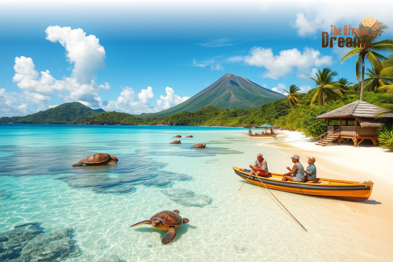 Tropical island view of Comoros with white sandy beach, turquoise water, lush green hills, an active volcano in the distance, sea turtles near the shore, and a small eco-lodge surrounded by palm trees, representing eco-tourism and sustainable travel.
