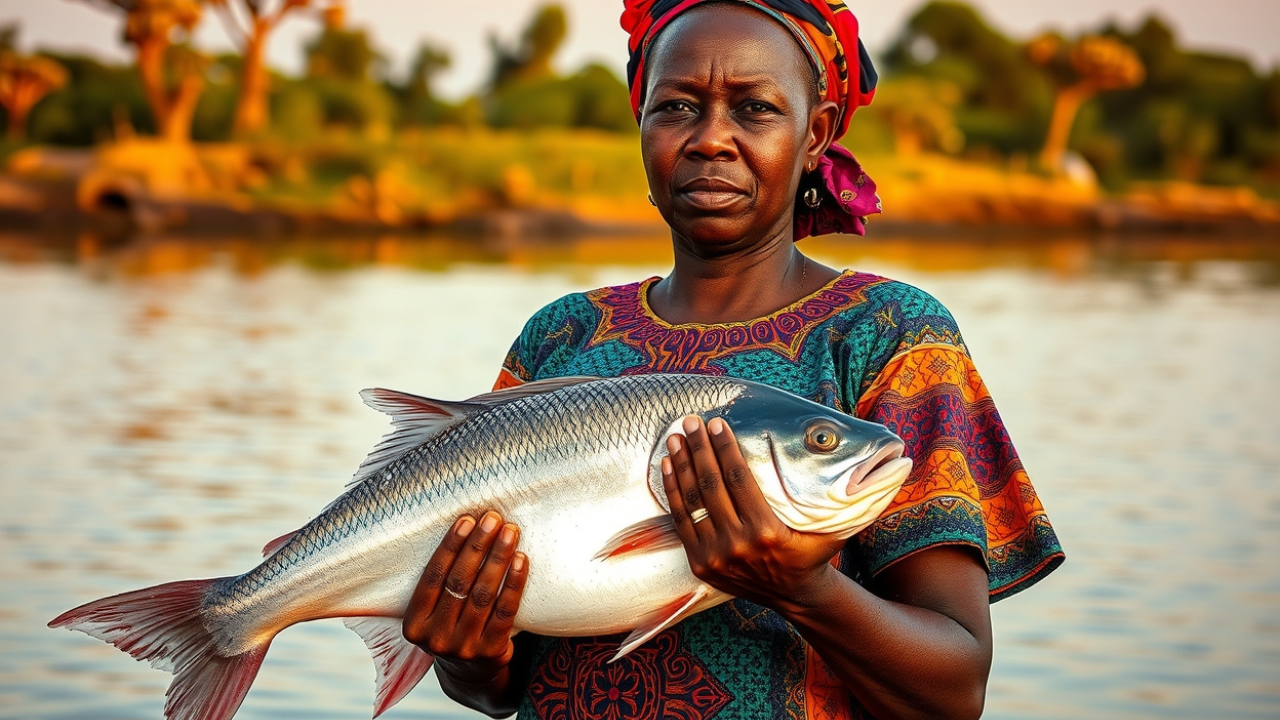  Fisherwoman standing by the shore holding a large fish in Kenya