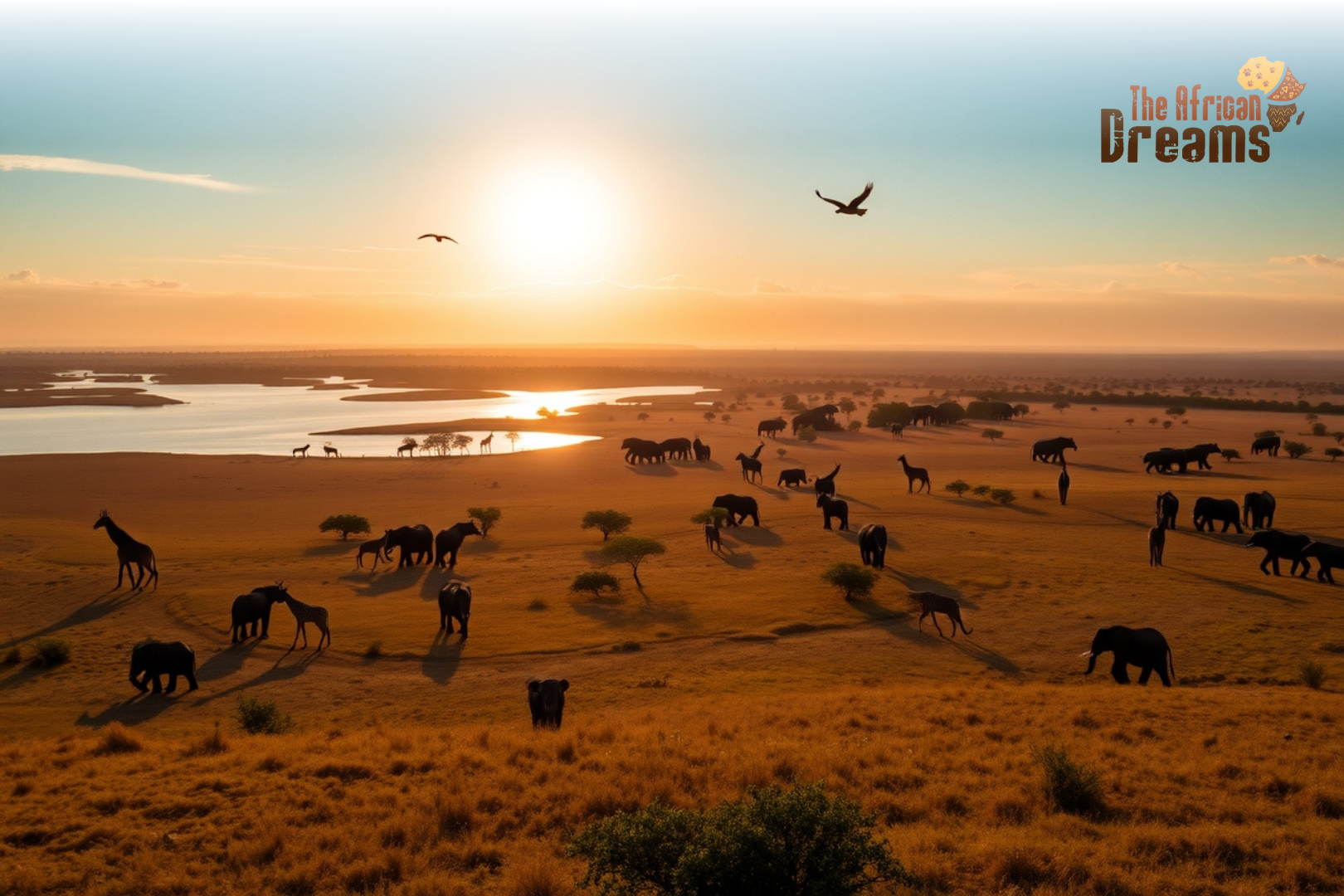A scenic view of Akagera National Park at sunrise, showing elephants and giraffes grazing near a lake surrounded by golden savannah and acacia trees, with birds flying across a clear sky A scenic view of Akagera National Park at sunrise, showing elephants and giraffes grazing near a lake surrounded by golden savannah and acacia trees, with birds flying across a clear sky