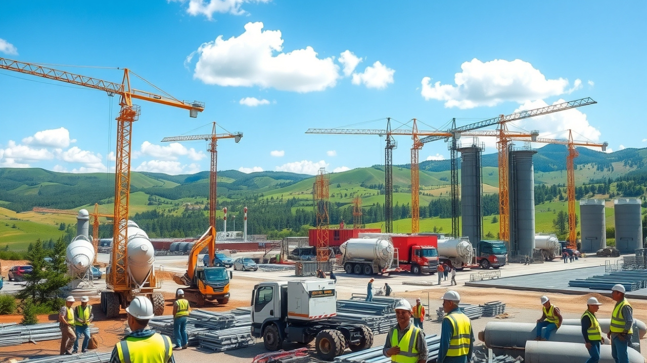 A vast geothermal power plant under construction, with multiple cranes, concrete mixers, and construction workers busy on site, surrounded by rolling hills under a bright sky.