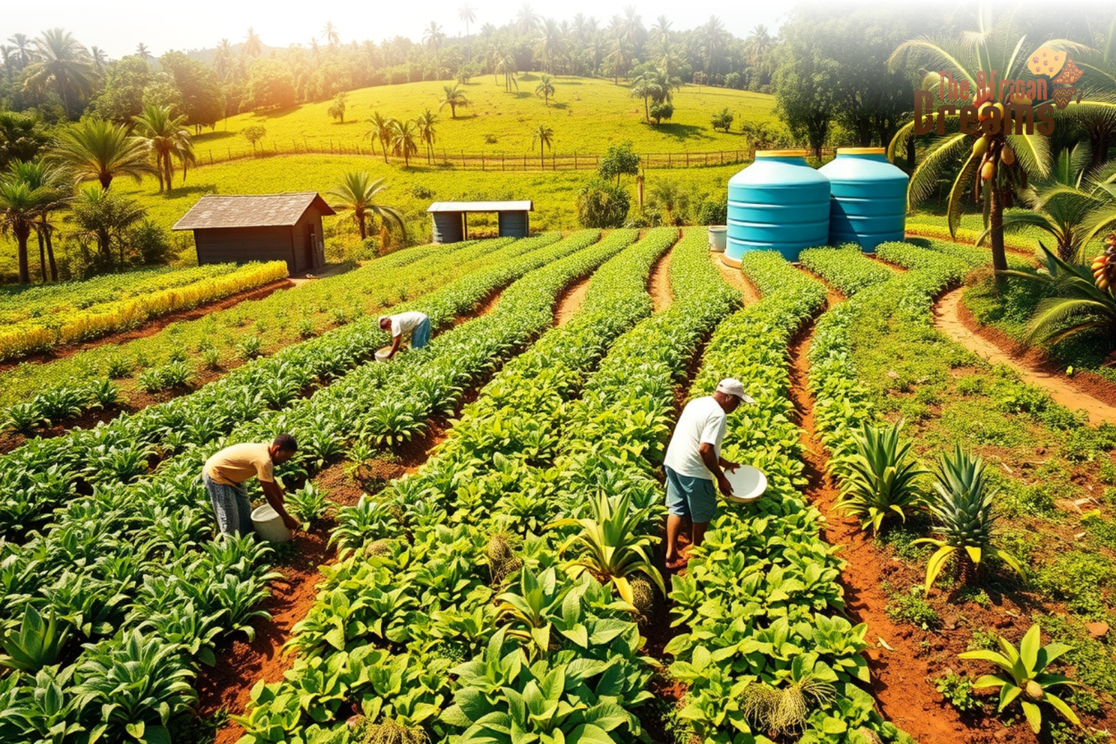 African Dreams Cover Image (10) Local Ghanaian farmers working on a lush organic farm with vegetables, cocoa, and tropical fruits, showcasing sustainable farming methods under bright natural sunlight.