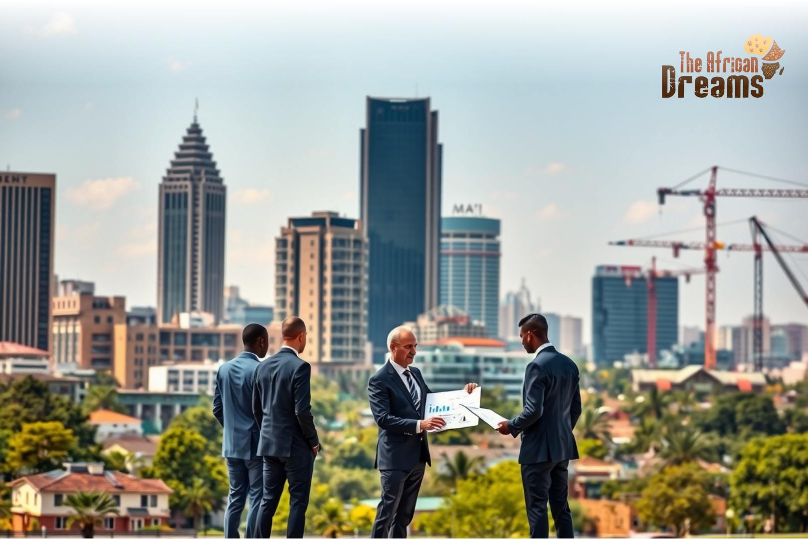 African Dreams Cover Image (11) A view of Harare’s modern skyline with business professionals discussing development plans, symbolizing Zimbabwe’s economic growth and the Zimbabwe Investment and Development Agency’s role in attracting investors