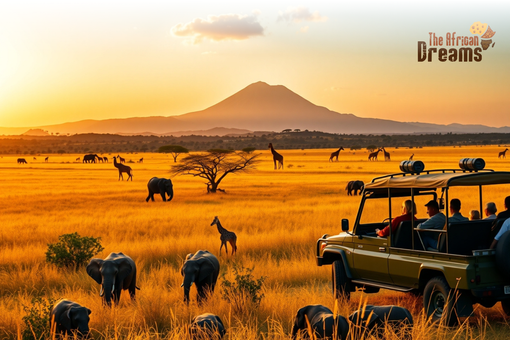 African Dreams Cover Image (12) A peaceful East African landscape at sunrise showing a safari jeep, acacia trees, and wildlife such as elephants and giraffes with Mount Kilimanjaro in the background, representing safe and scenic travel in the region