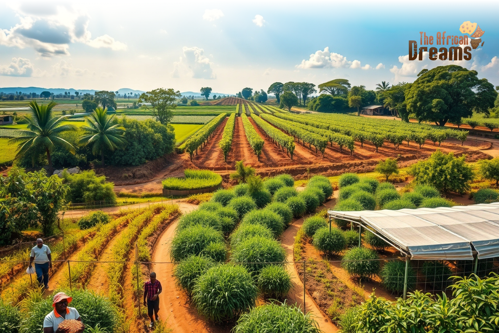 African Dreams Cover Image (13) A scenic view of Gambia’s thriving agriculture sector featuring farmers in green fields, mango orchards, cashew trees, fish ponds, and poultry farms under bright African sunlight, symbolizing investment opportunities and growth.