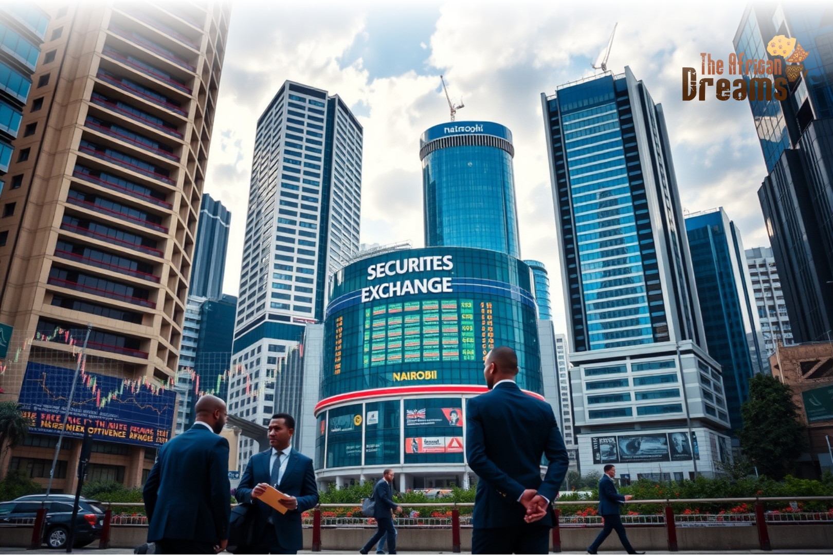 African Dreams Cover Image (14) A modern view of Nairobi’s financial district with skyscrapers and stock market charts in the background, representing the growth and foreign investment opportunities in Kenya’s Nairobi Securities Exchange
