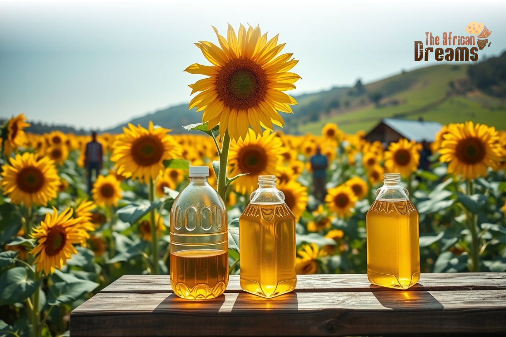 A wide view of sunflower fields in Tanzania with farmers harvesting sunflowers and a small processing plant in the background, symbolizing growth and opportunity in the sunflower oil industry