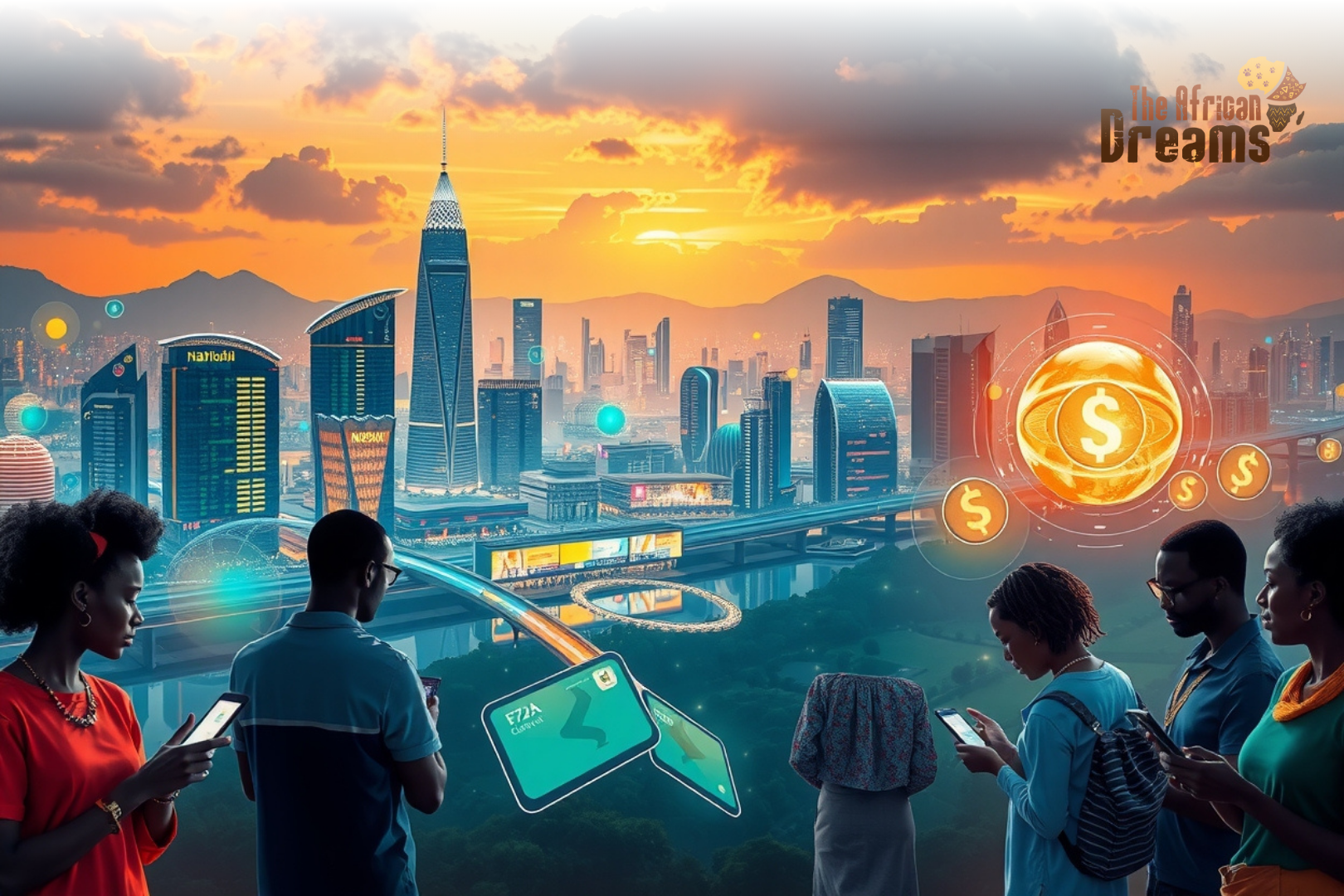 African Dreams Cover Image (16) Kenyan people using mobile phones for digital payments with Nairobi’s skyline in the background, representing fintech innovation and economic growth in Kenya