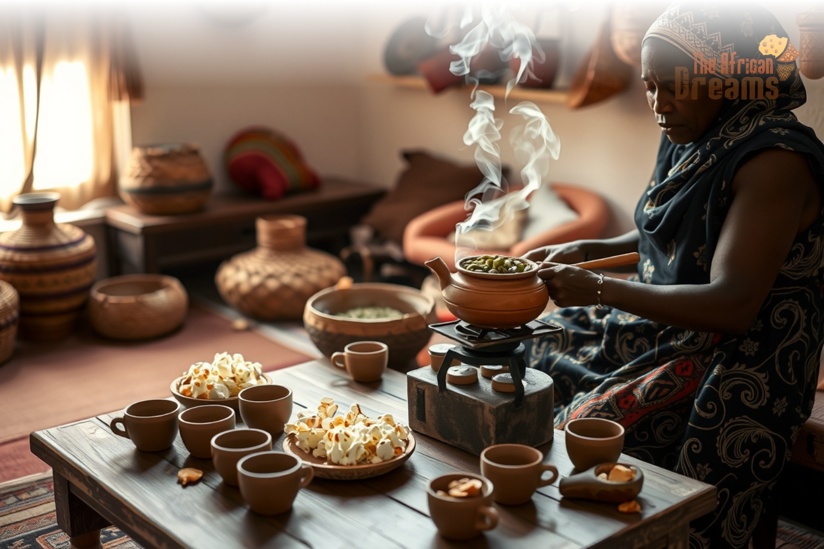 African Dreams Cover Image (17) A traditional Eritrean coffee ceremony with a woman roasting beans beside a clay jebena pot, surrounded by small cups, popcorn, and himbasha bread, symbolizing Eritrea’s rich coffee culture and heritage
