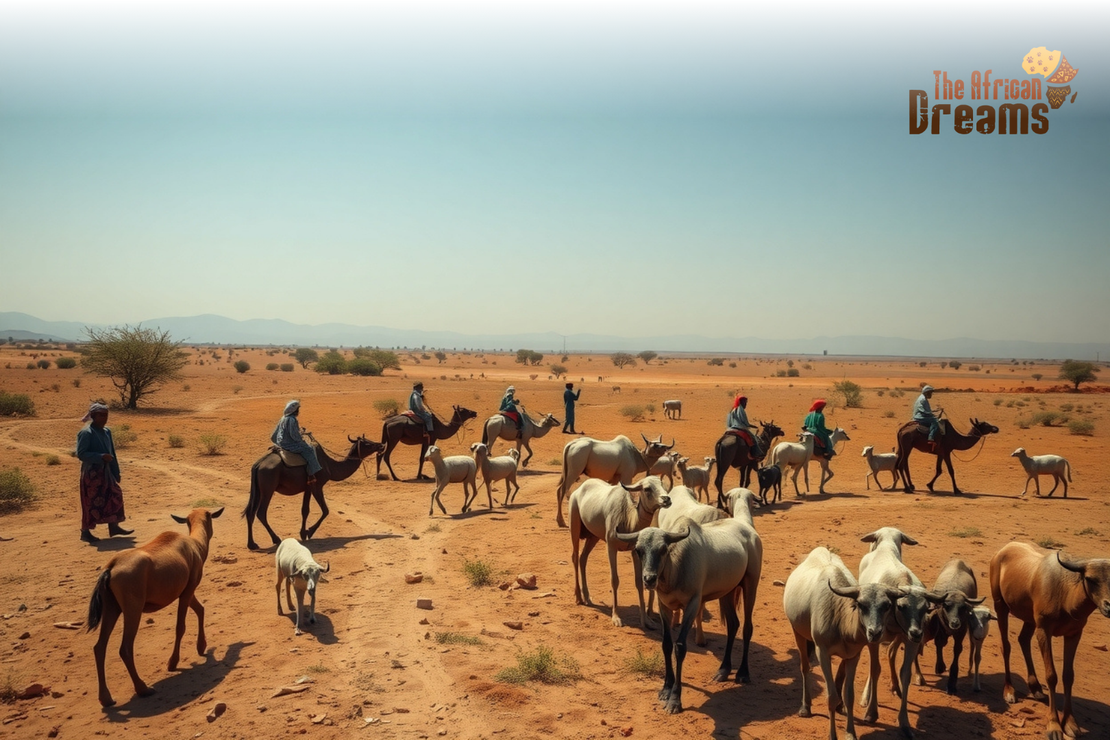 African Dreams Cover Image (18) Rural Eritrean farmers herding cattle, goats, sheep, and camels across a sunlit dry landscape, symbolizing the importance of livestock farming in Eritrea’s rural economy