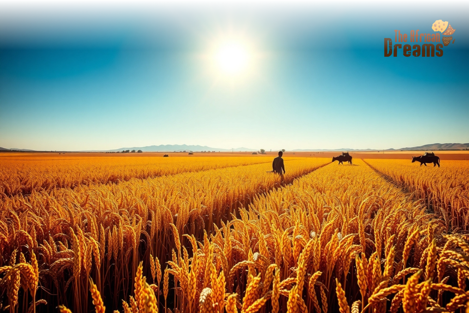 African Dreams Cover Image (19) A wide view of sesame fields in Eritrea’s Gash-Barka region, with farmers harvesting under bright sunlight. The scene shows golden sesame plants, traditional farming tools, and a clear blue sky, symbolizing Eritrea’s strong agricultural and export potential