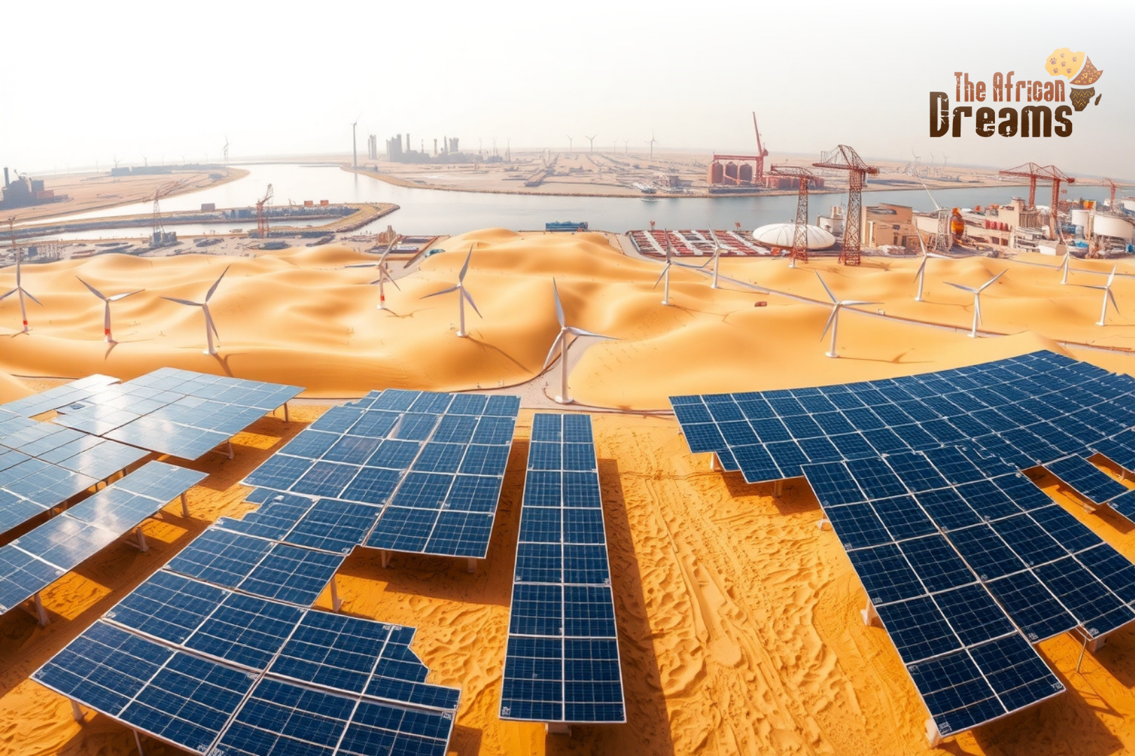 African Dreams Cover Image (20) A panoramic view of Egypt’s energy sector showing solar panels, wind turbines, and LNG facilities near the Suez Canal, representing the country’s growing investment in renewable and traditional energy infrastructure.
