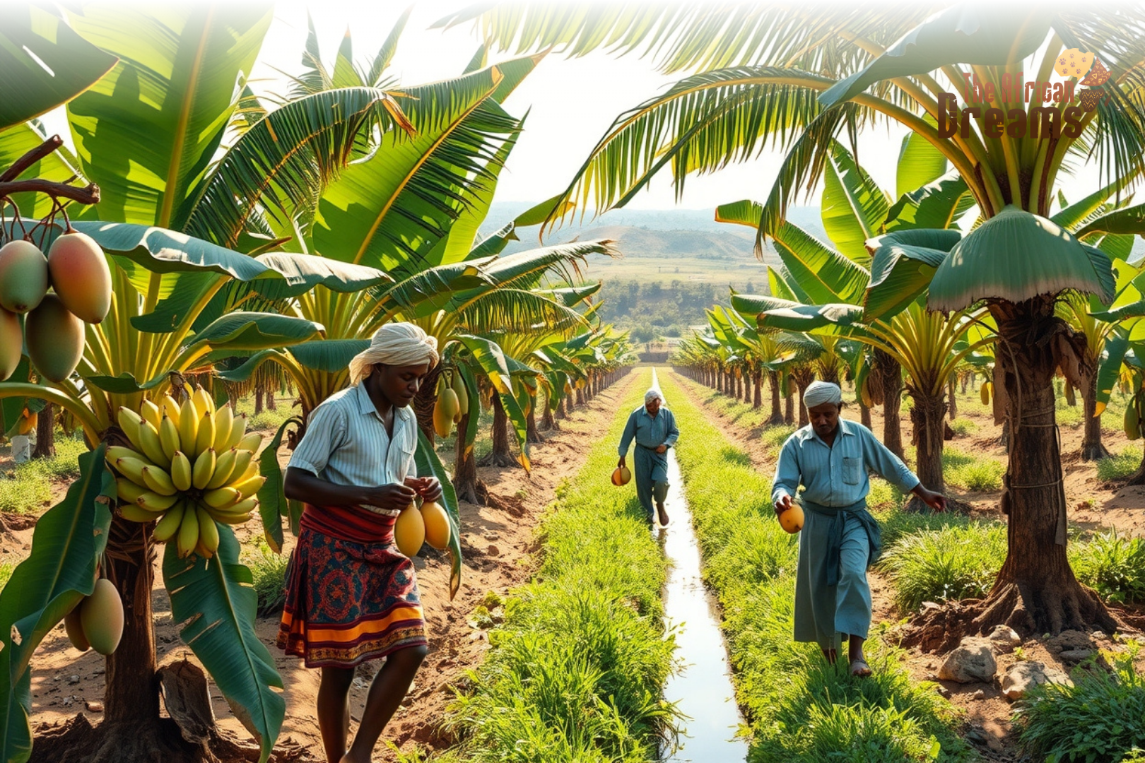 African Dreams Cover Image (21) Eritrean farmers tending mango, banana, and date palm orchards in a semi-arid landscape with irrigation channels, representing the country’s growing fruit farming industry