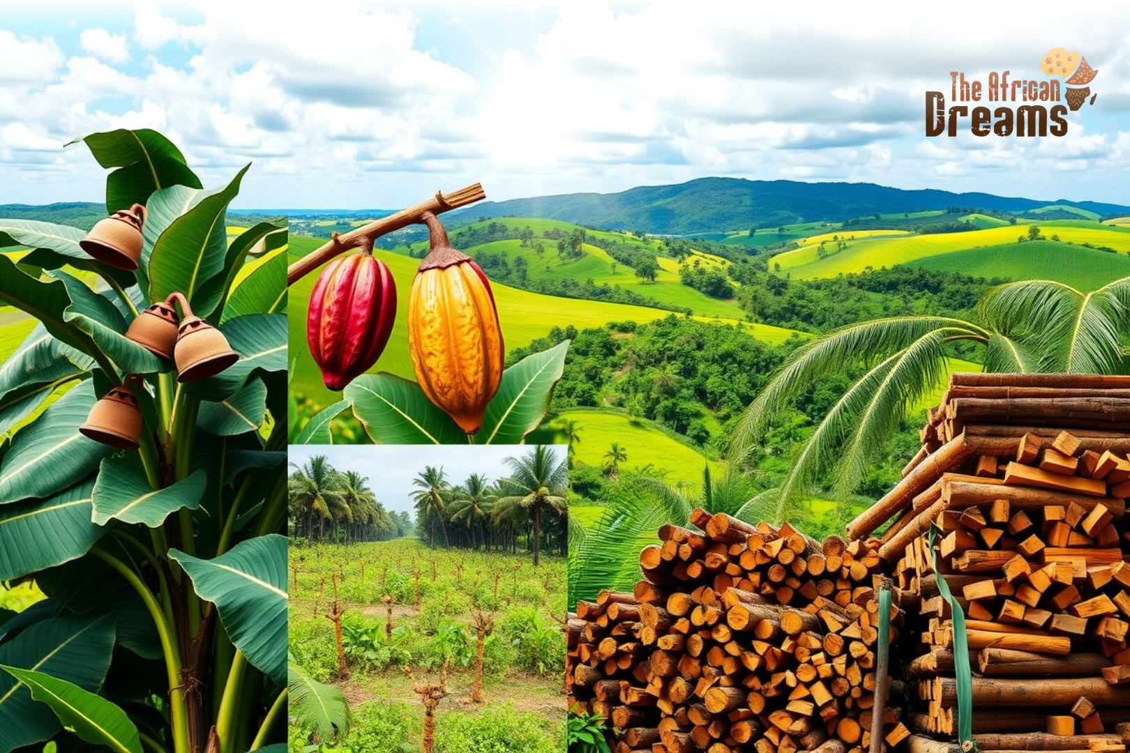 African Dreams Cover Image (22) A colorful scene showing Liberia’s main cash crops — rubber trees, cocoa pods, oil palm plantations, and timber logs — set against a lush tropical landscape, representing the country’s rich agricultural resources and investment potential.