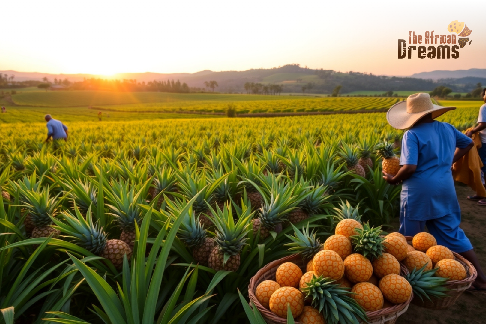 African Dreams Cover Image (23) Farmers harvesting ripe pineapples in a lush Rwandan plantation at sunrise, with baskets full of golden pineapples, green fields, and distant hills under a clear blue sky.
