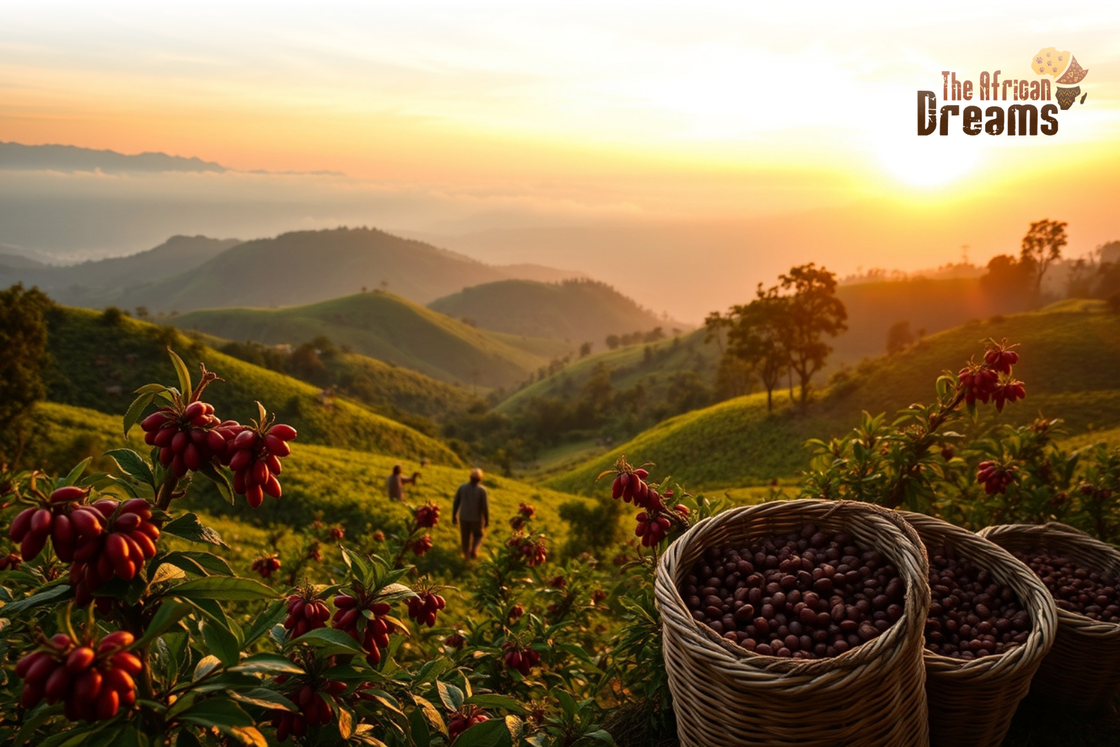 African Dreams Cover Image (24) A Ugandan coffee farm at sunrise with farmers handpicking ripe red coffee cherries on green hills, woven baskets filled with beans, and mist-covered mountains in the background.