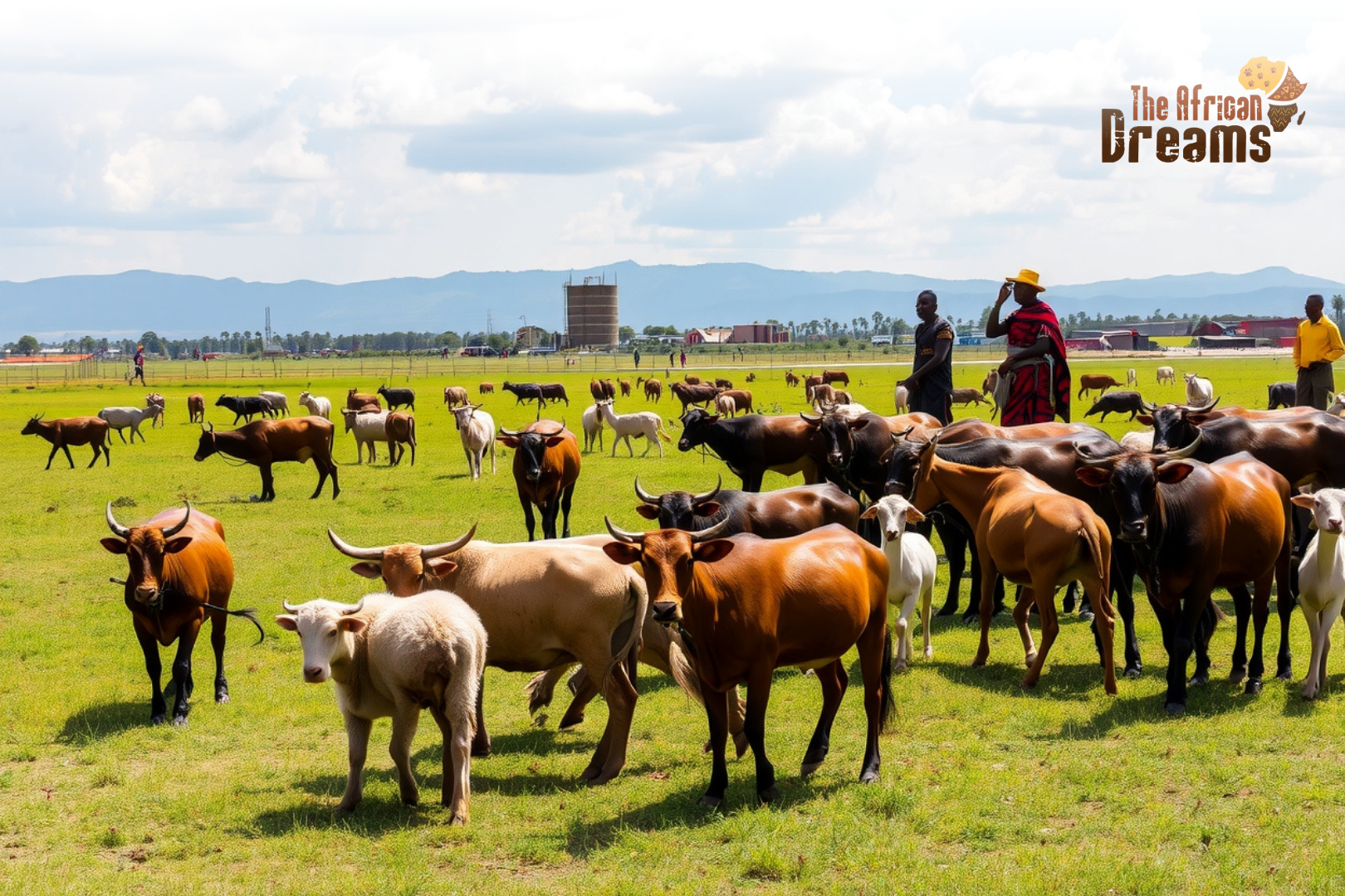 African Dreams Cover Image (25) Kenyan herders tending to cattle, goats, and sheep on open grasslands with modern livestock infrastructure in the distance, symbolizing the growth and modernization of Kenya’s livestock industry.