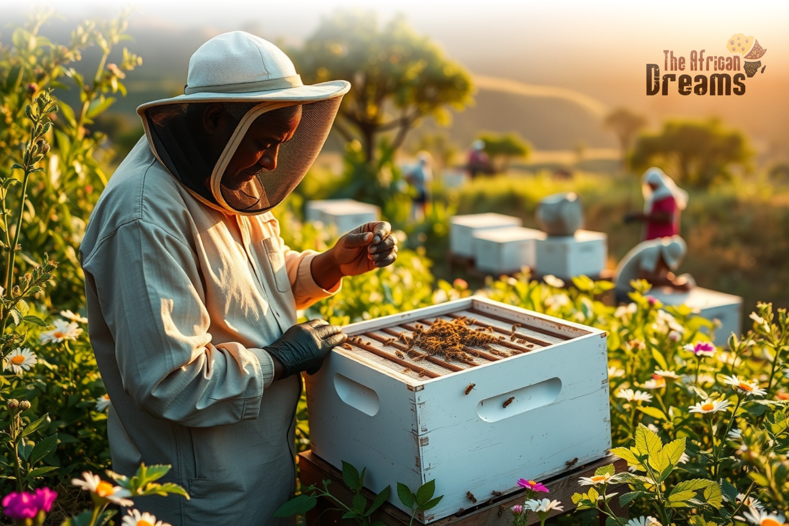 African Dreams Cover Image (26) A Ugandan beekeeper examines a Kenyan Top Bar hive in a rural field filled with flowers and trees, with bees flying around and sunlight highlighting the natural, sustainable environment.