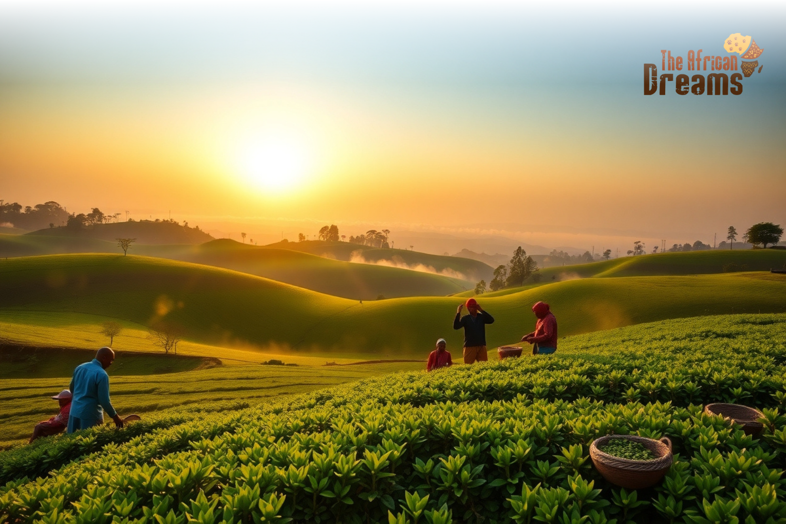 African Dreams Cover Image (27) Workers picking fresh tea leaves at sunrise on green tea plantations in Kenya, with misty hills and golden sunlight symbolizing the country’s growing tea industry.