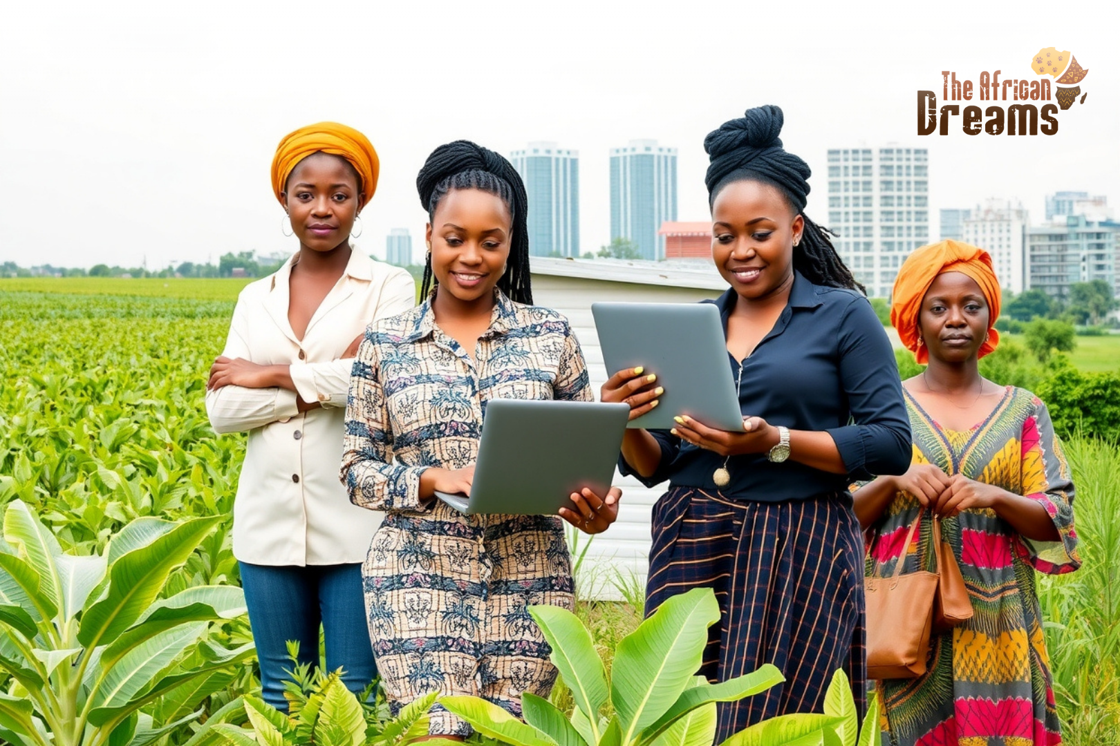African Dreams Cover Image (28) Group of confident Zimbabwean women entrepreneurs standing together in a modern business setting, representing leadership and innovation across industries such as agriculture, technology, manufacturing, and finance