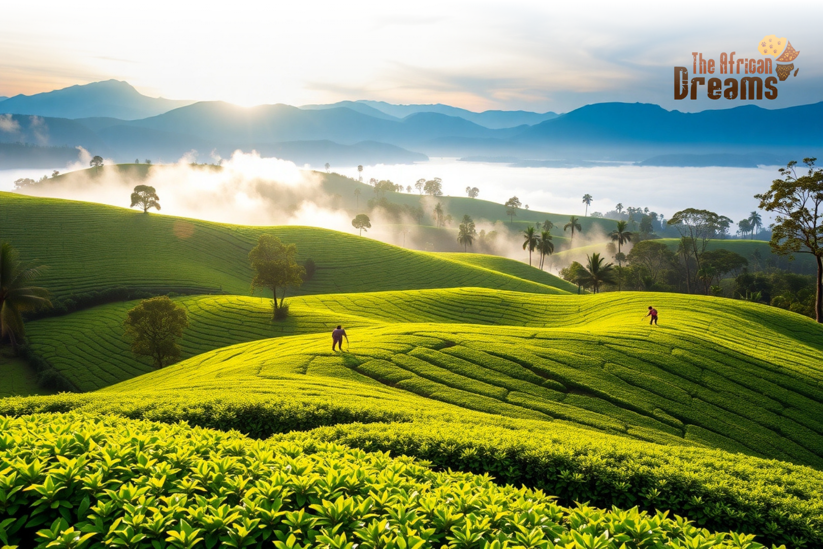 African Dreams Cover Image (29) Tea plantation in Uganda with workers harvesting tea leaves on green hills under morning light.