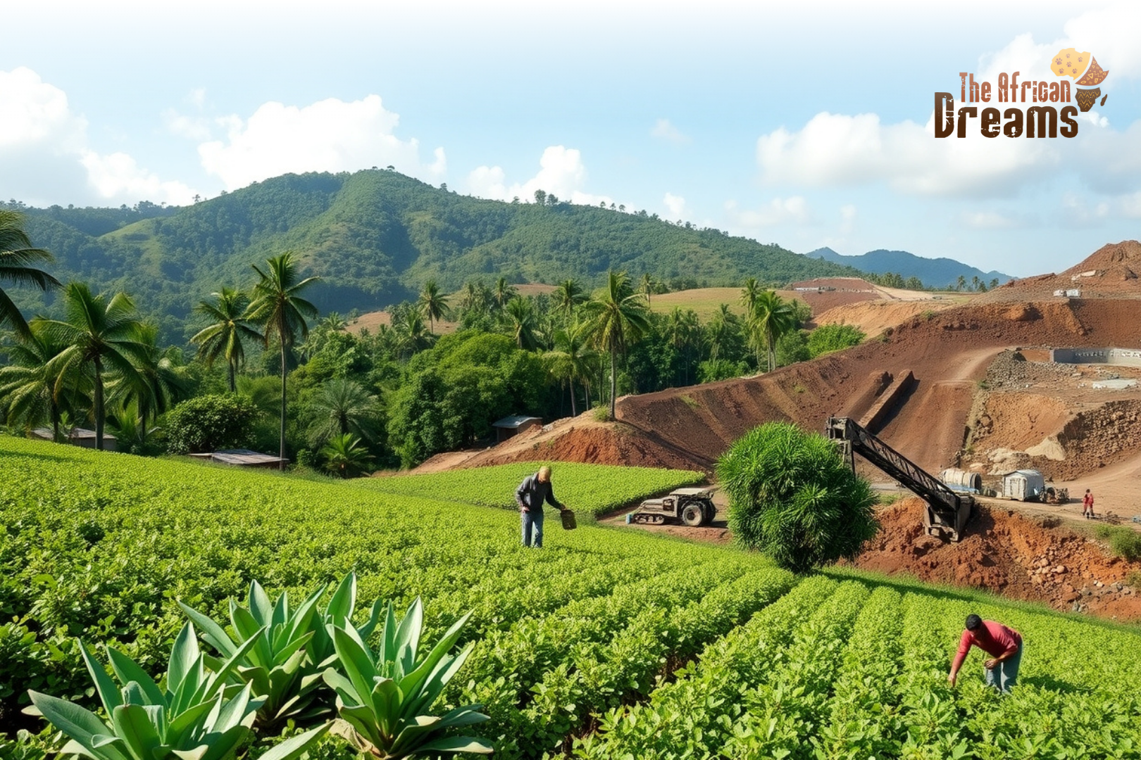 African Dreams Cover Image (31) Liberian farmers working on fertile fields and miners operating at a gold and iron ore site, representing the country’s agricultural and mining investment opportunities