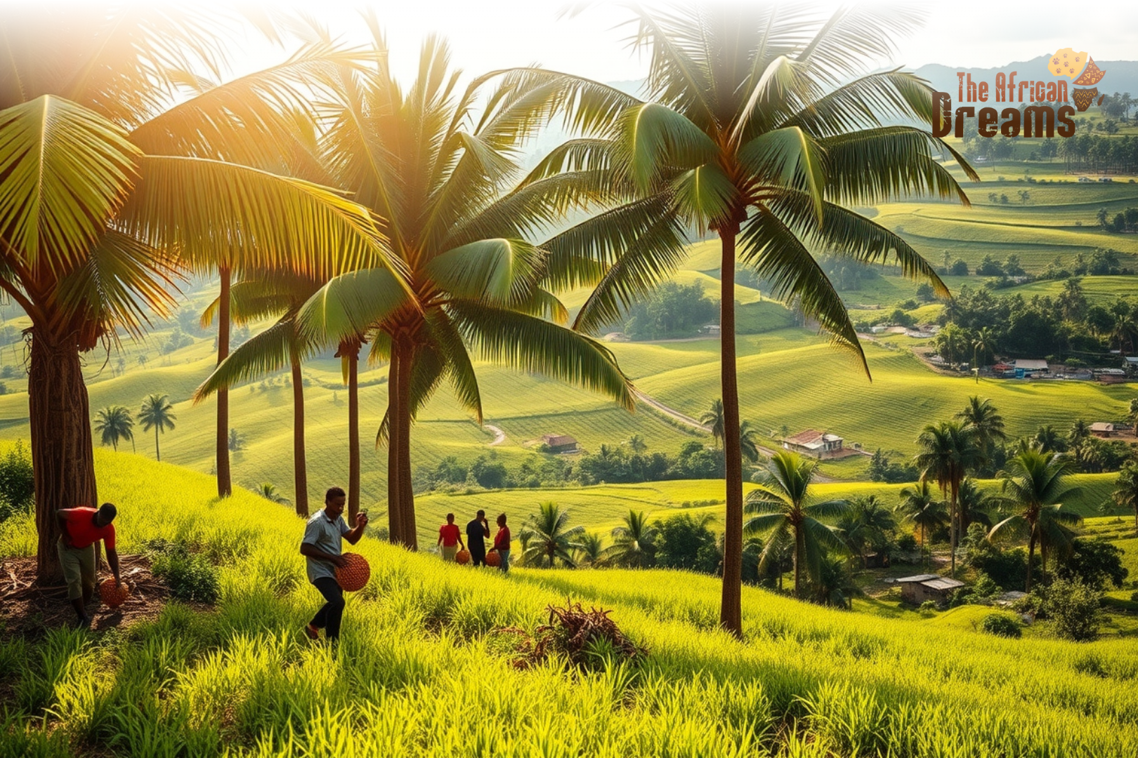 African Dreams Cover Image (32) A sustainable palm oil plantation in Liberia with farmers harvesting palm fruits, symbolizing agricultural growth and community development.