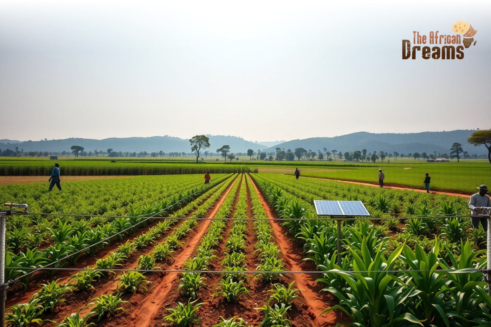 African Dreams Cover Image (34) Farmers working in Zimbabwe’s green farmlands with maize and tobacco crops, using irrigation and solar-powered systems to represent climate-smart agriculture.
