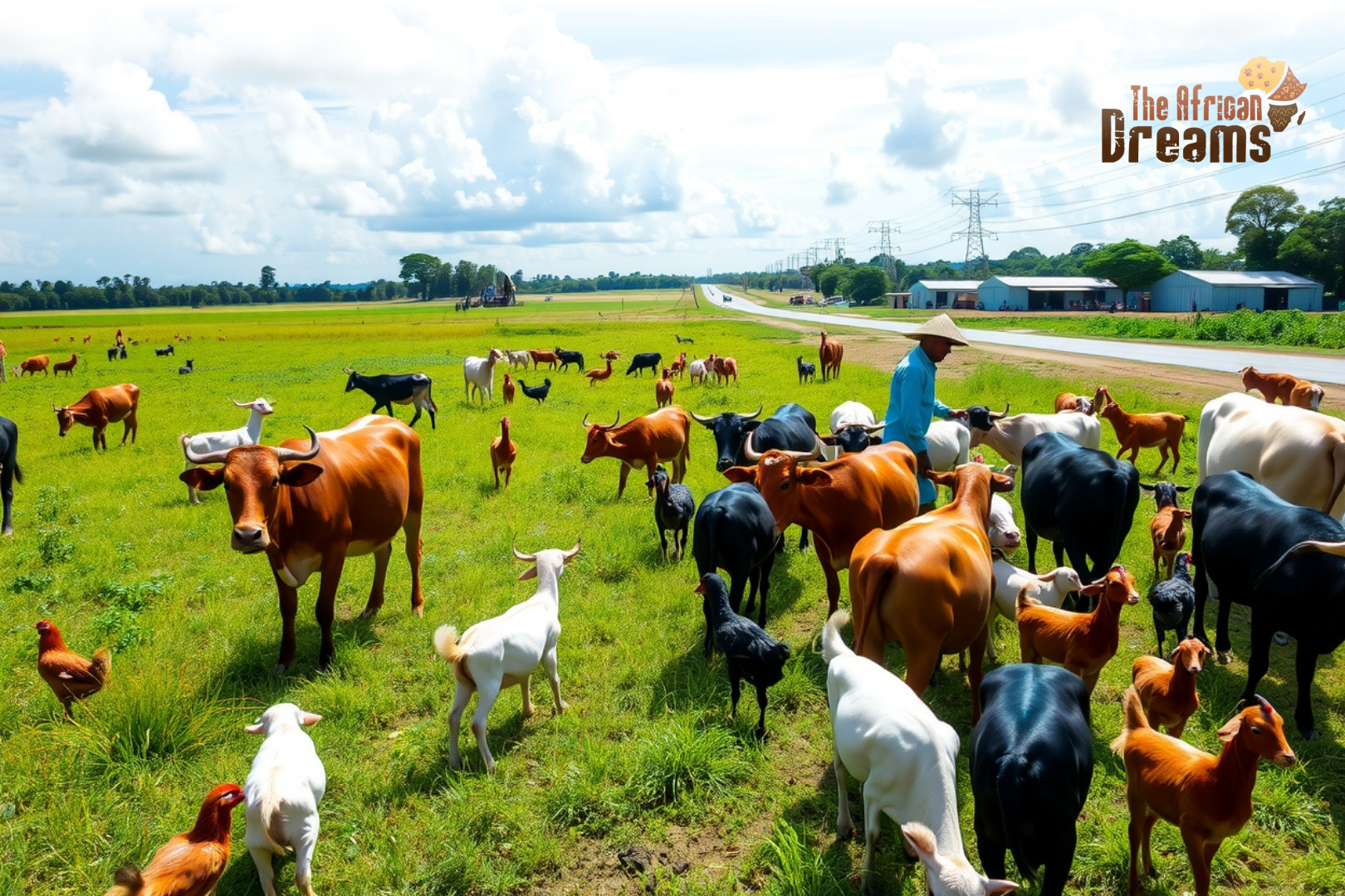 African Dreams Cover Image (35) Ugandan farmers tending livestock in green pastures with modern roads and storage facilities in the background, representing the growth and modernization of Uganda’s livestock industry.