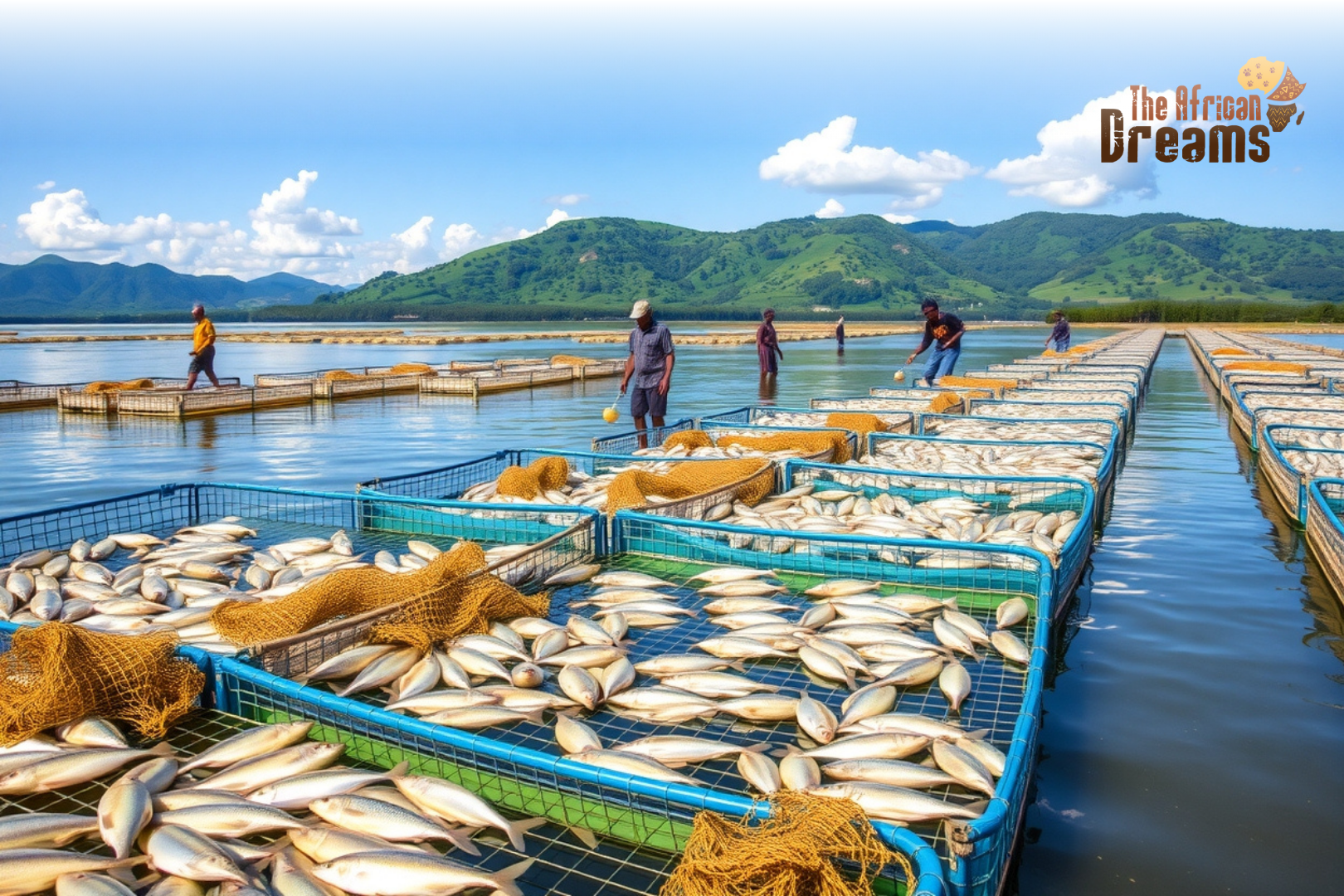 African Dreams Cover Image (36) Fishermen managing fish cages on Lake Kariba in Zimbabwe, representing the country’s growing fisheries and aquaculture industry