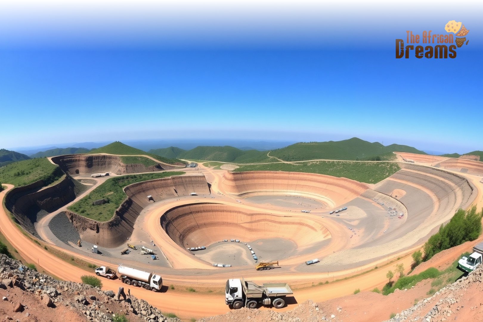 African Dreams Cover Image (37) A panoramic view of the Kayelekera Uranium Mine in Malawi, with mining trucks and processing facilities set against lush green hills, representing foreign investment and economic growth.