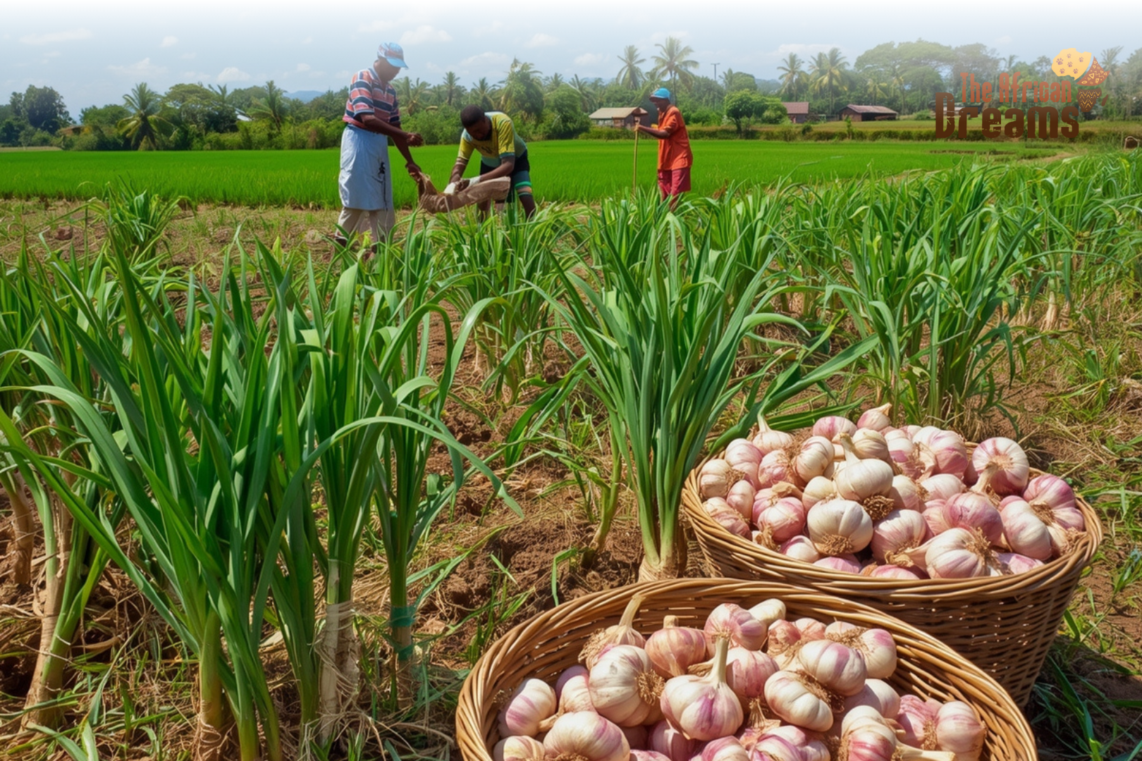 African Dreams Cover Image (39) Farmers harvesting garlic on a lush farm in the Democratic Republic of Congo, showcasing the country’s growing agricultural potential and investment opportunities in garlic production.